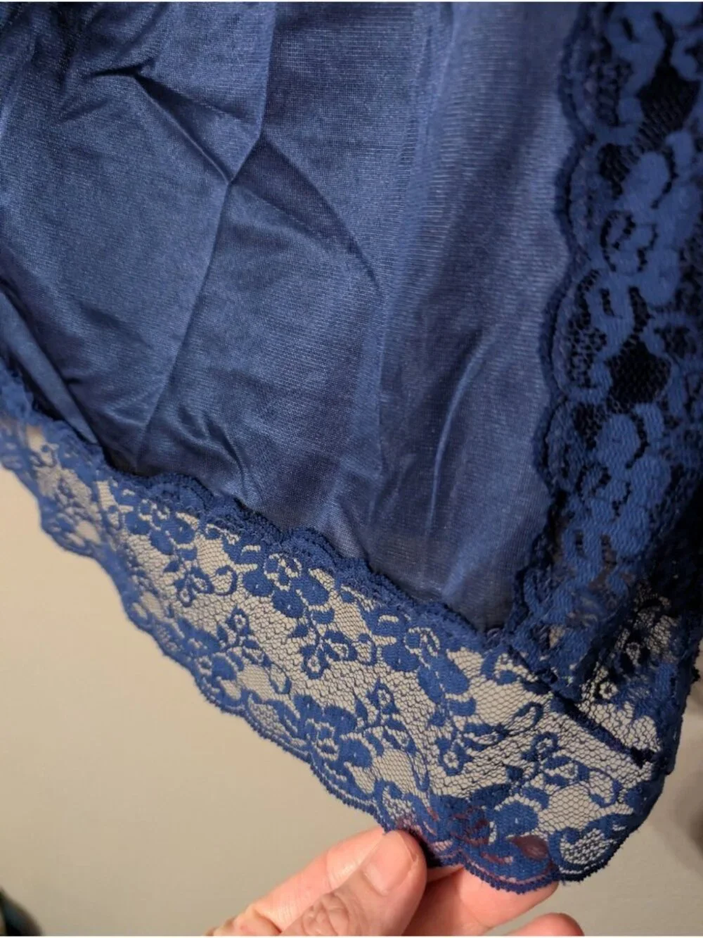 Vintage 70s Dawn to Dusk Navy Blue Half Slip Medium M Lace Trim Antron Lingerie